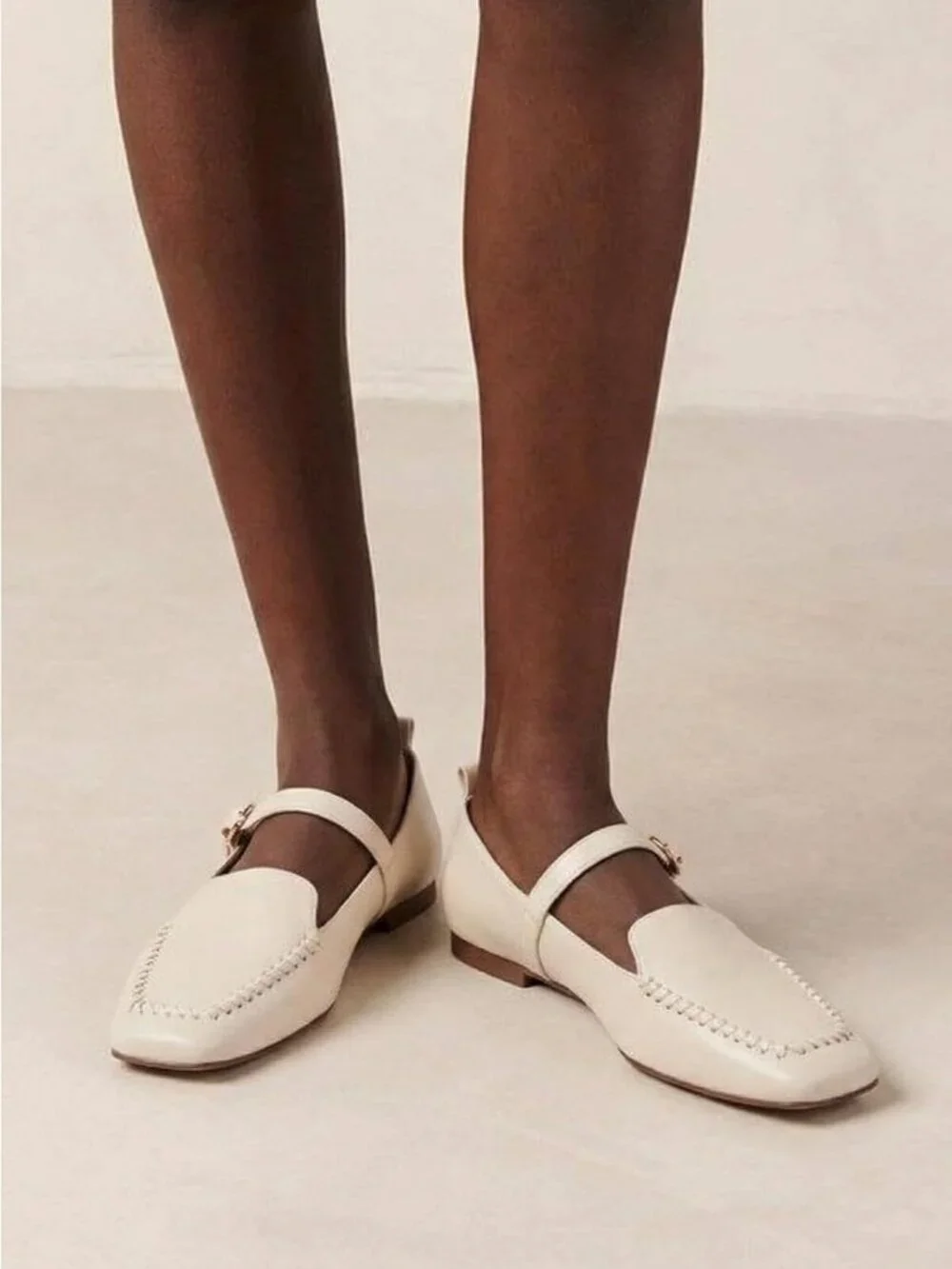 Women's Cream White Faux Leather Ballet Flat Loafer Square Toe Comfortable Shoes